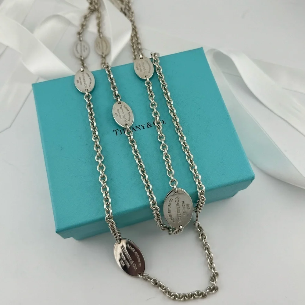 Tiffany & Co. Return to Tiffany Oval Tag Station Necklace Sterling Silver 55in